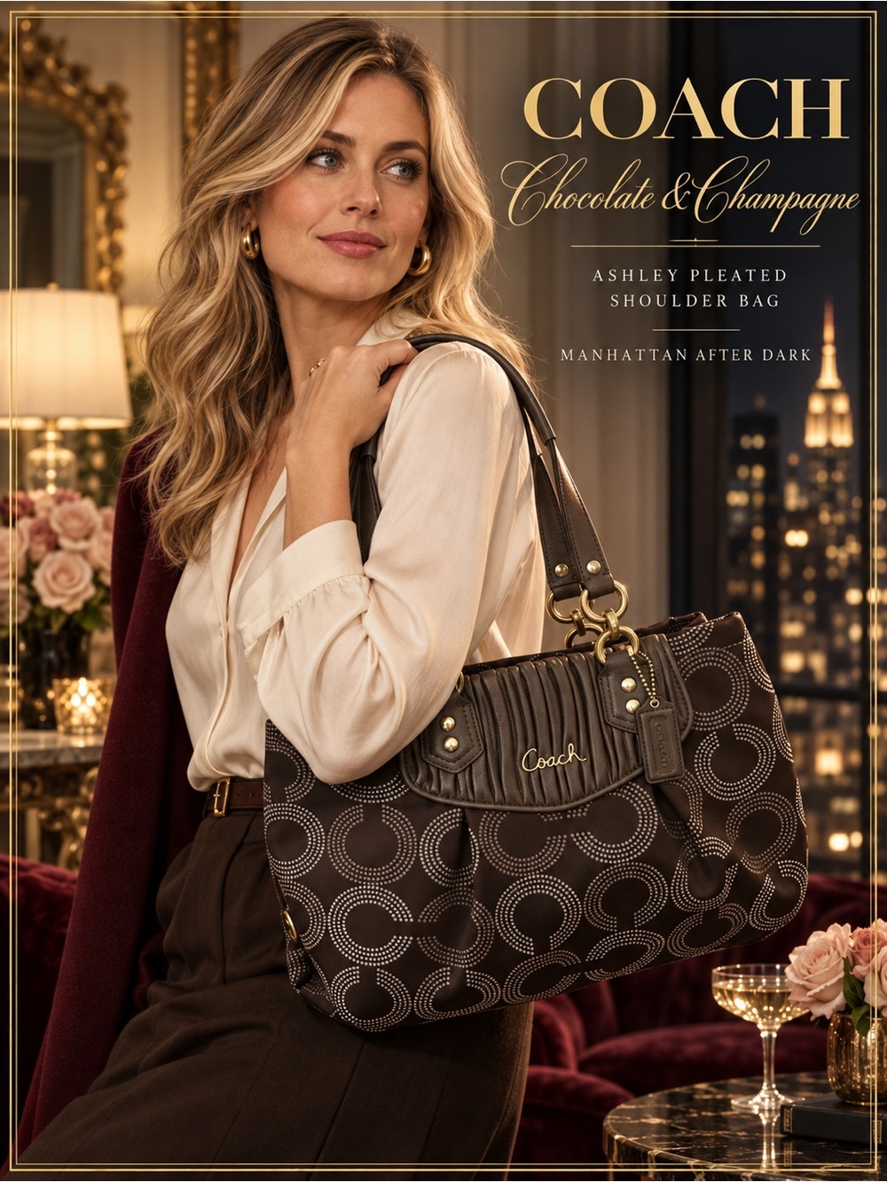 Coach Chocolate & Champagne Ashley Pleated Shoulder Bag — Chocolate